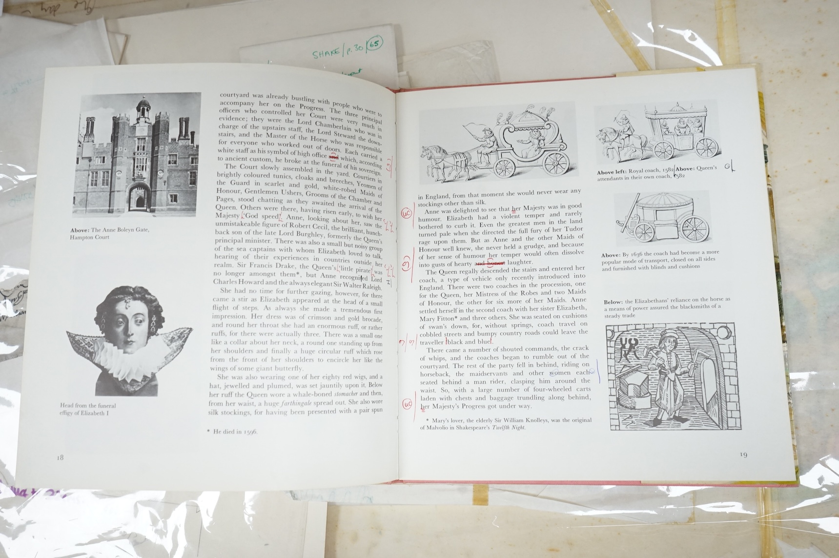 Gordon King, a collection of original illustrations for 'One day in Shakespeare's England' to include a copy of William Shakespeare's signature, The Globe Theatre and figures in 17th century dress, largest 45 x 95cm, unf